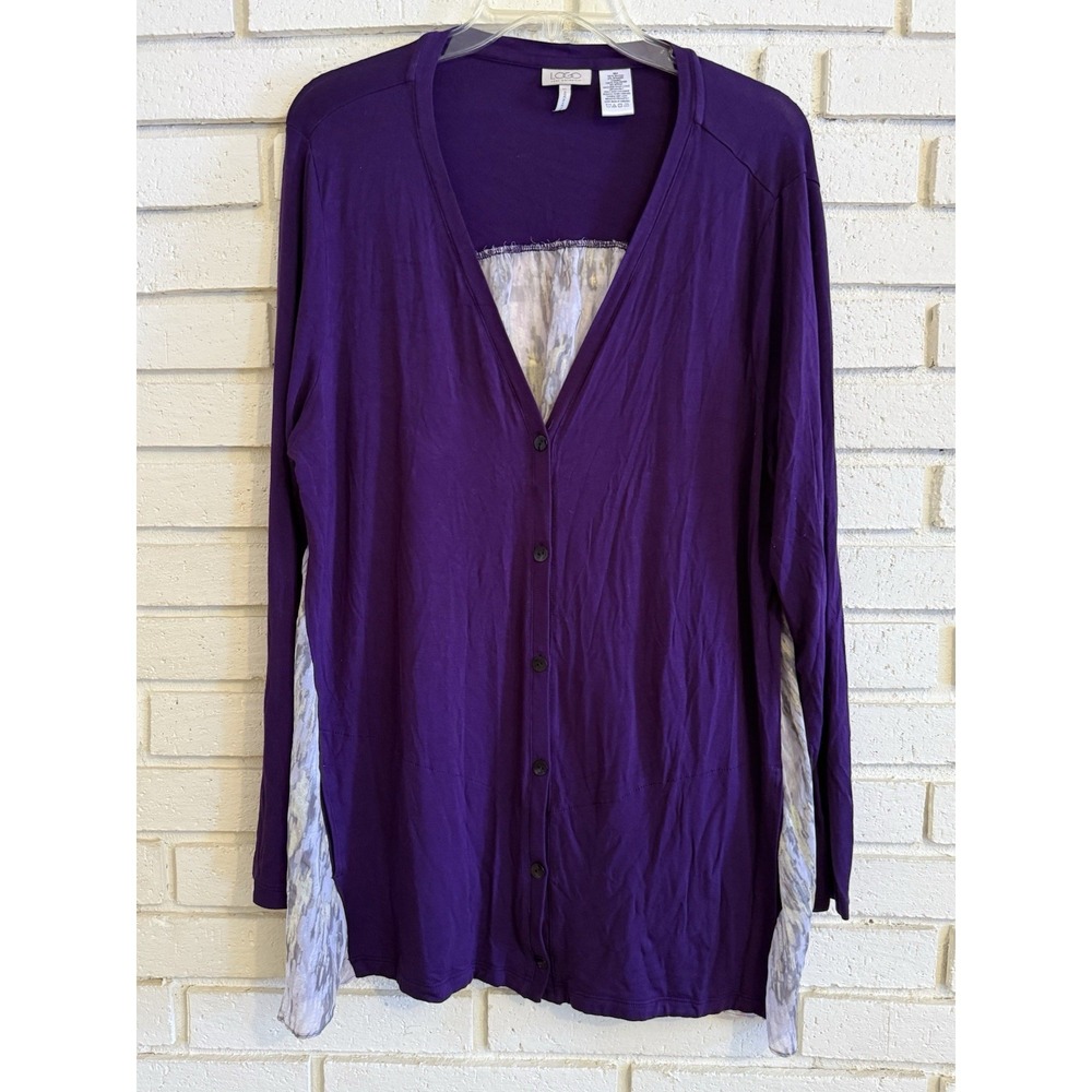 LOGO by Lori Goldstein Knit Cardigan with Printed Chiffon Back-Purple Size XL